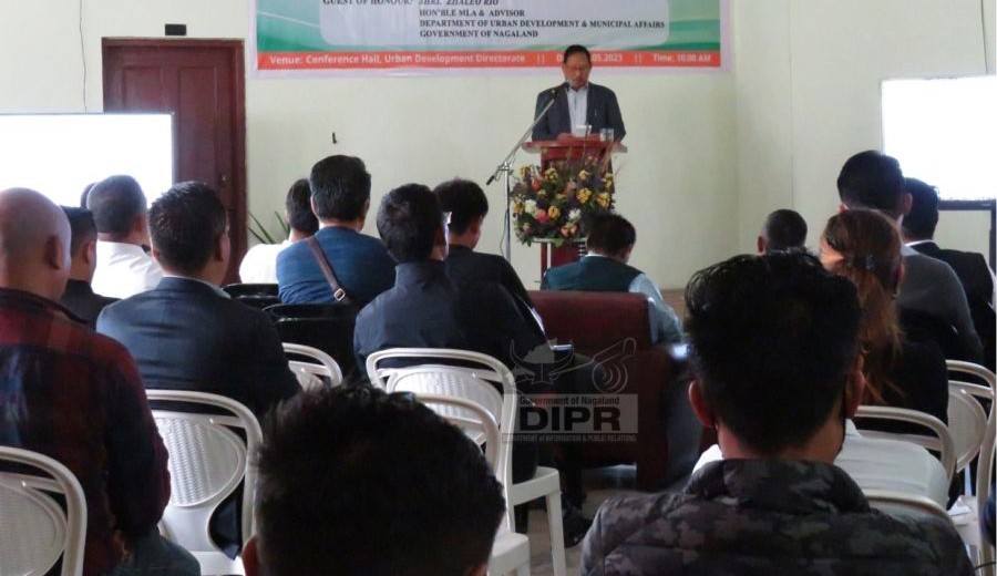 Advisor, Zhaleo Rio addressing the gathering at the SBM-U2.0 coordination meeting at the Directorate Urban Development Kohima on May 5. (DIPR Photo)